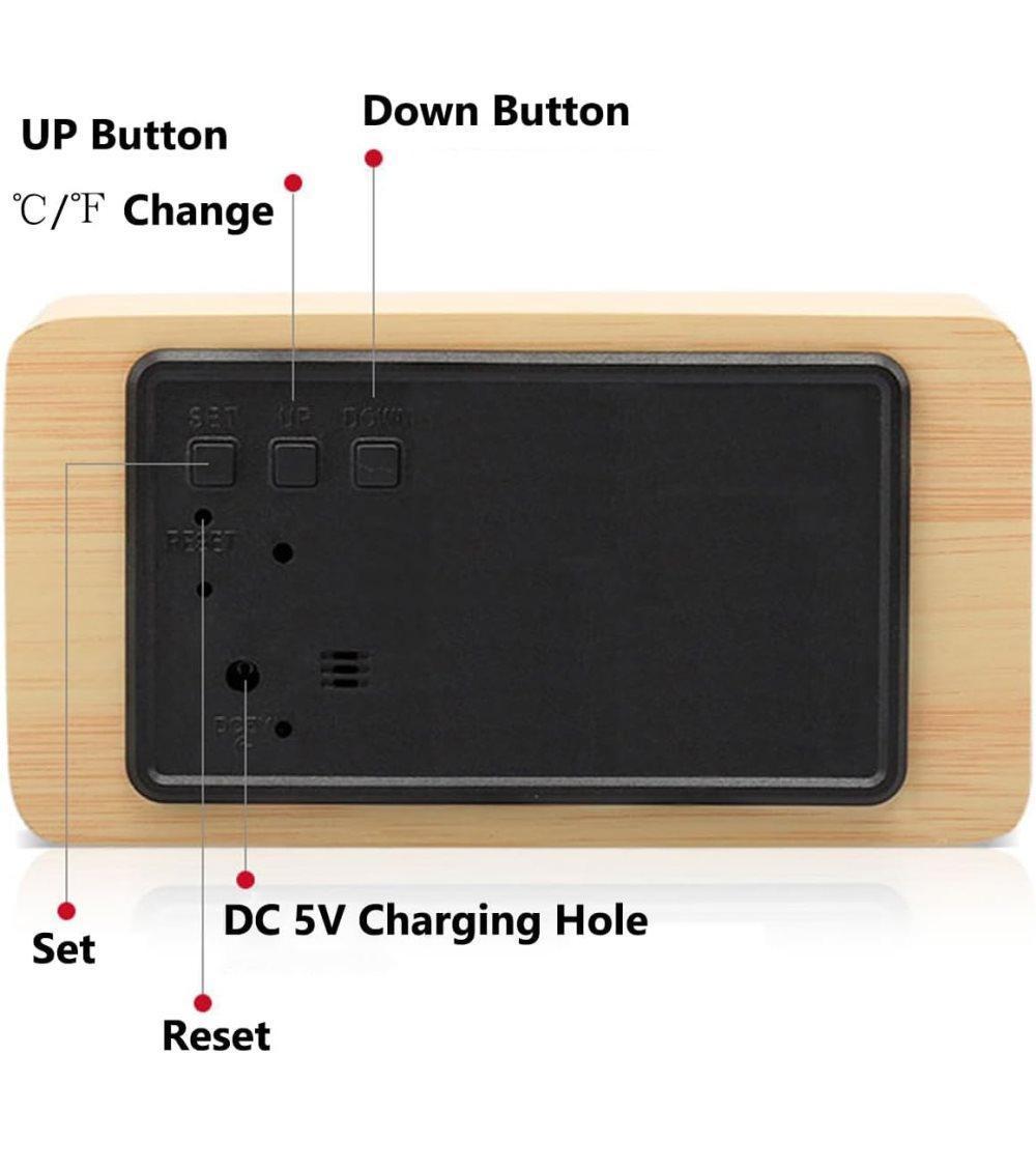 Digital LED Alarm Clock with USB Charger, Silent Wooden Clock for Bedrooms and Travel, 12/24h LCD Display, White - Image 7