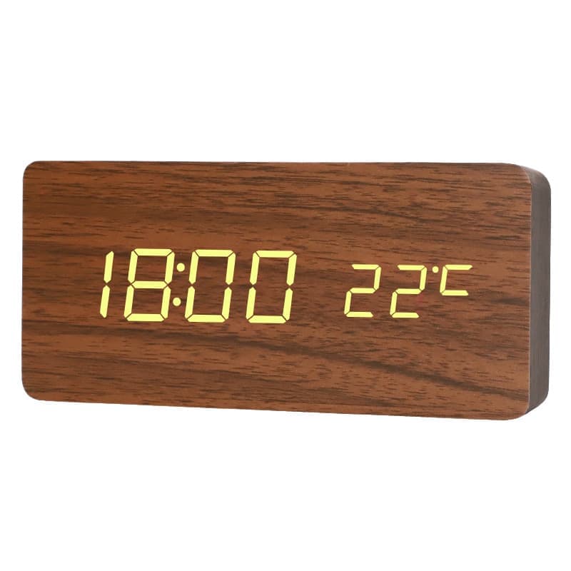 Brown Digital LED Alarm Clock with USB Charger, 12/24h LCD Display, Silent Wooden Design for Bedrooms and Travel - Image 1