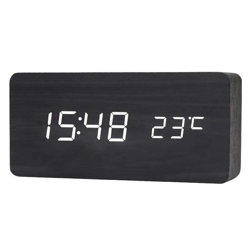 LED Alarm Clock with USB Charger, Silent Wooden Design for Bedrooms and Travel, 12/24h LCD Display, Black - Image 1