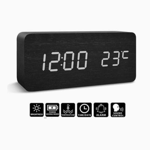 LED Alarm Clock with USB Charger, Silent Wooden Design for Bedrooms and Travel, 12/24h LCD Display, Black - Image 3