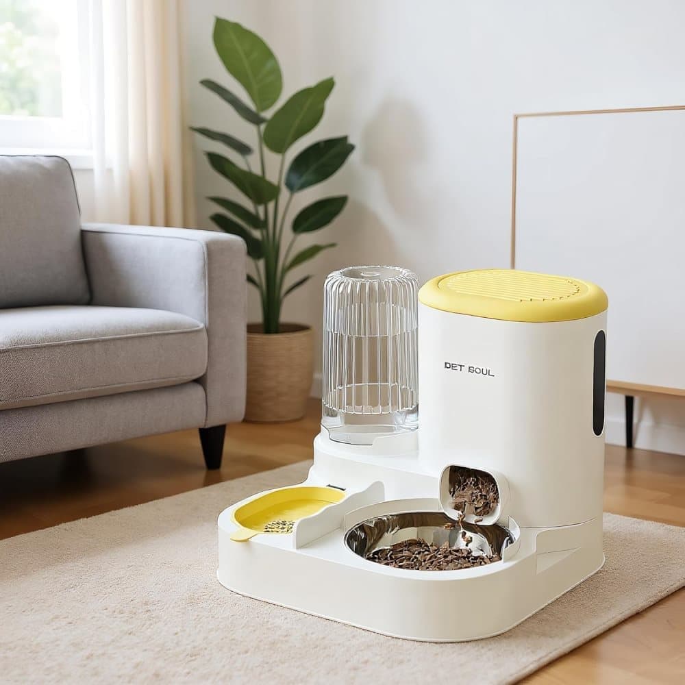 2-in-1 Automatic Cat Feeder and Water Dispenser for Pets, Compatible with Cats and Dogs, Yellow - Image 1