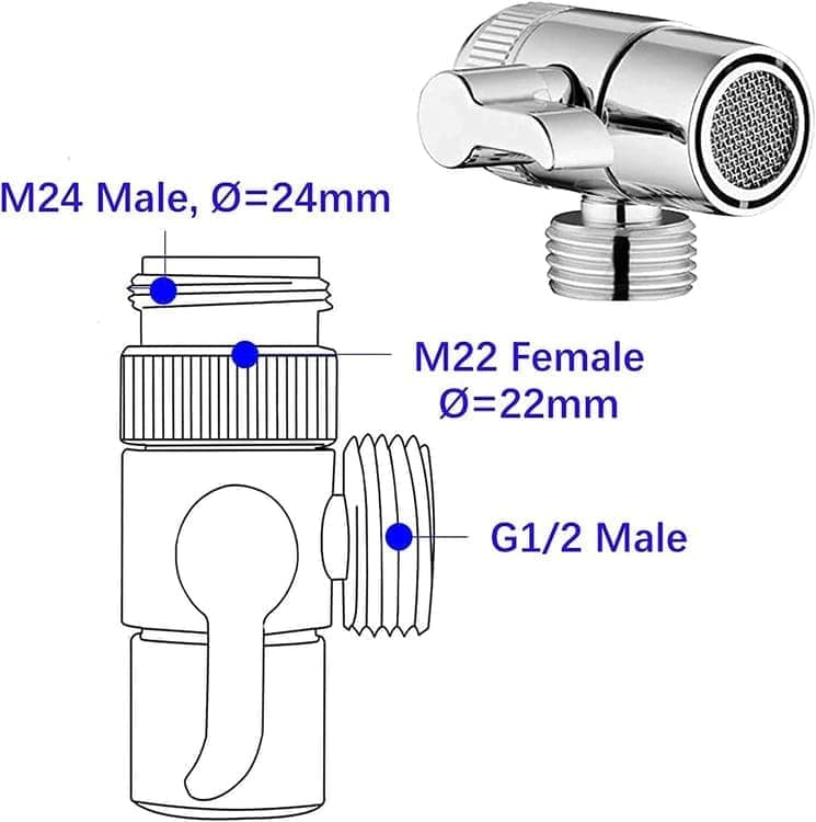 Kitchen Faucet Diverter Valve with Skimmer T-pipe Adapter for Hand Shower, Compatible with M22 M24 G1/2 Connections - Image 4