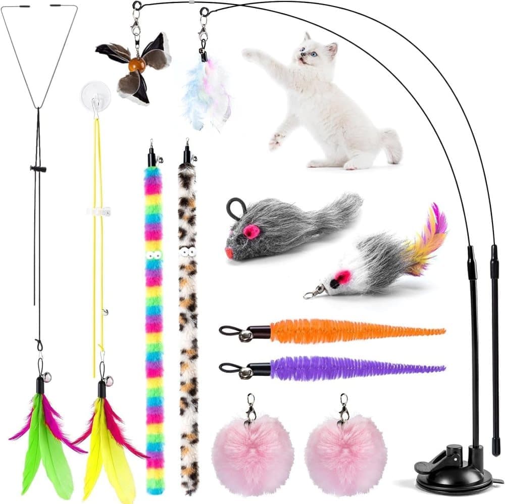 17PCS Cat Toy Set with Fishing Rod, Suction Cup, Feathers and Insects, Eco-Friendly Indoor Cat Toys - Image 1