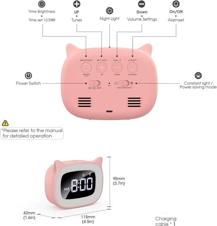 Digital LED Alarm Clock with Silent Operation, 5 Volume Levels, 5-Color Night Light, 18 Natural Sounds, Adjustable Brightness and Snooze Function, Pink - Image 7