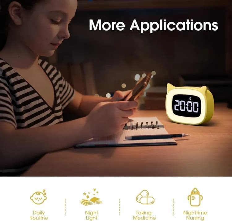 Yellow Digital LED Alarm Clock with Silent Operation, 5 Volume Levels, 5-Color Night Light, 18 Natural Sounds, Adjustable Brightness and Snooze Function - Image 3