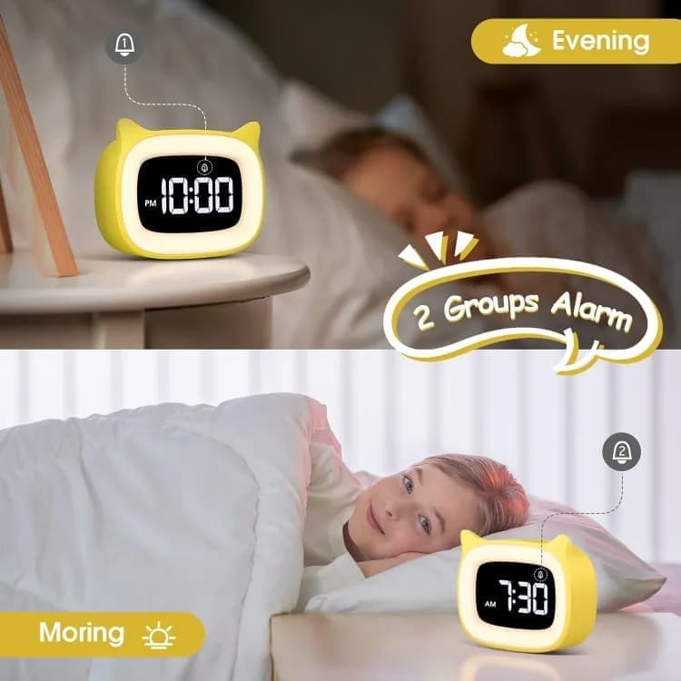 Yellow Digital LED Alarm Clock with Silent Operation, 5 Volume Levels, 5-Color Night Light, 18 Natural Sounds, Adjustable Brightness and Snooze Function - Image 4