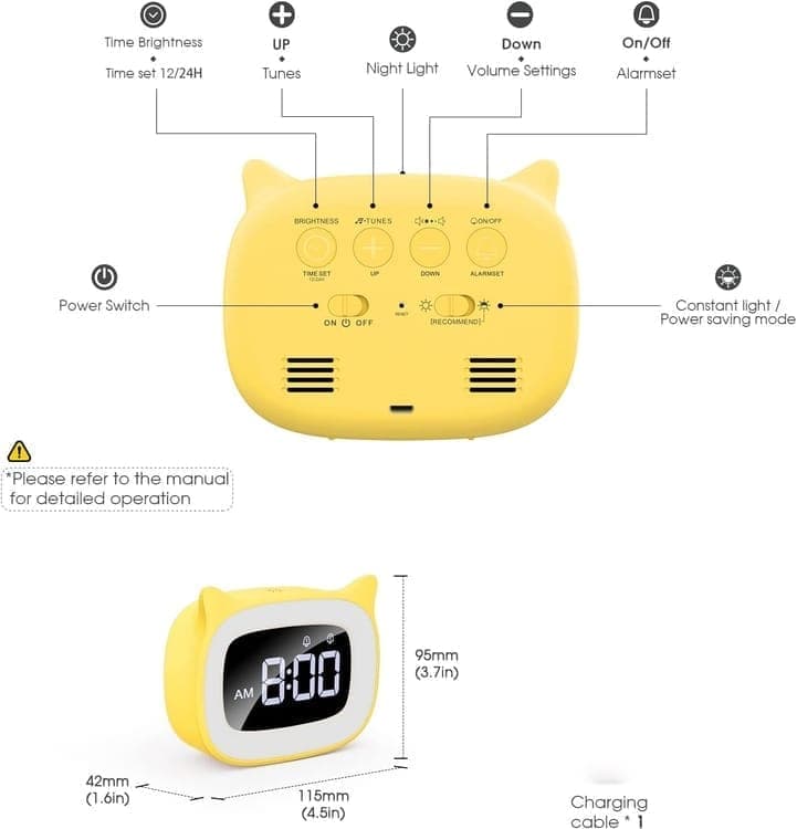Yellow Digital LED Alarm Clock with Silent Operation, 5 Volume Levels, 5-Color Night Light, 18 Natural Sounds, Adjustable Brightness and Snooze Function - Image 6