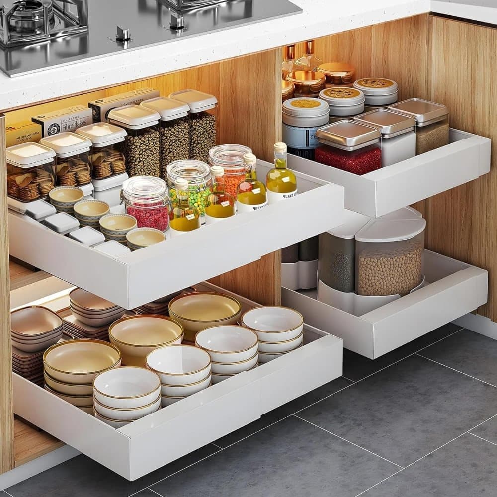 1 Layer Adjustable Metal Storage Shelf for Cabinets, Telescopic Drawer Pull-Out, Compatible with Kitchen Cabinet, 32–52 x 42 x 7.5 cm - Image 2