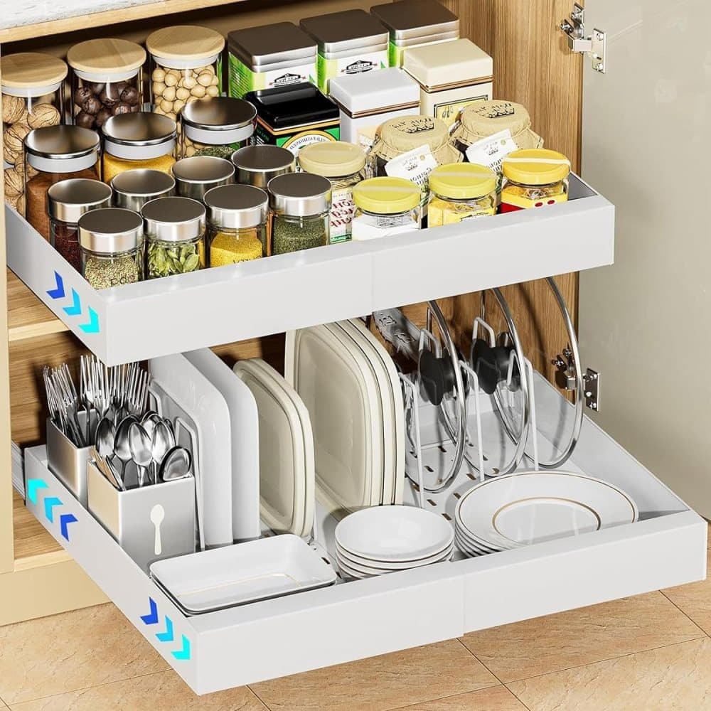1 Layer Adjustable Metal Storage Shelf for Cabinets, Telescopic Drawer Pull-Out, Compatible with Kitchen Cabinet, 32–52 x 42 x 7.5 cm - Image 3