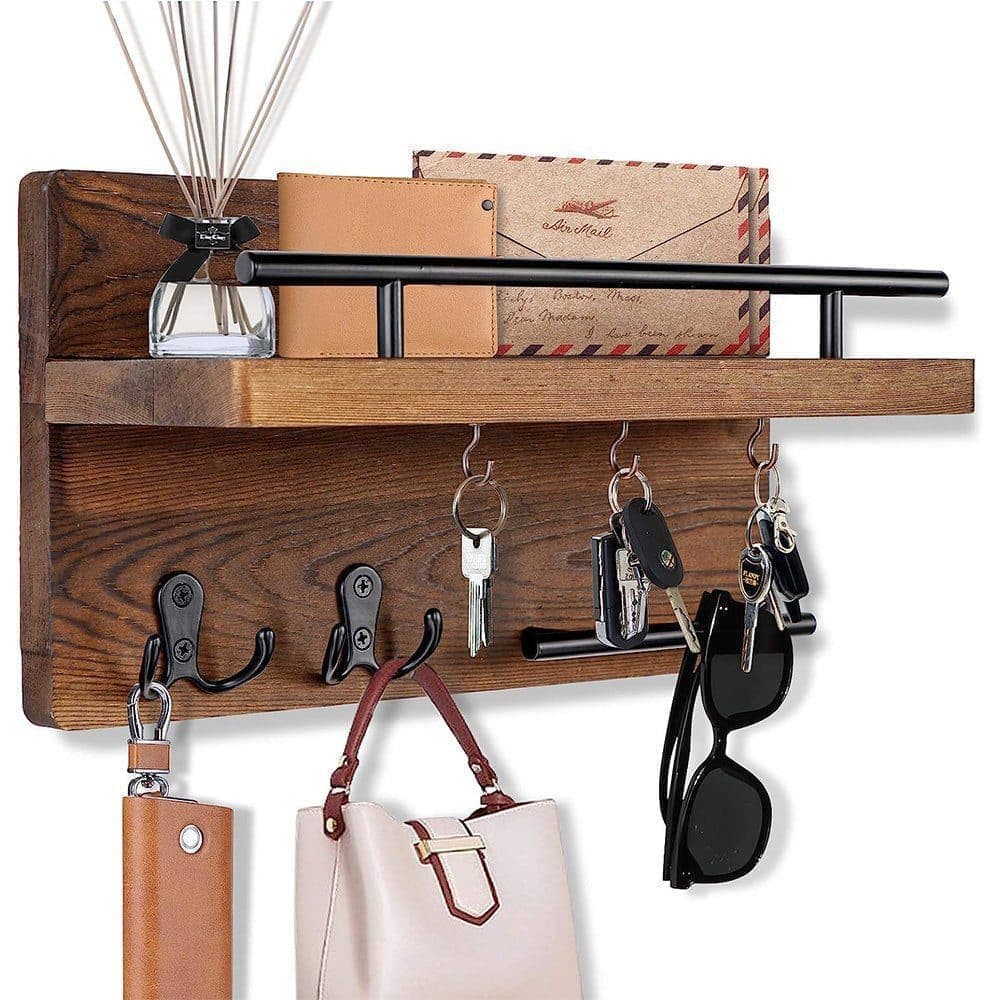 7-Hook Wall Mounted Wooden Key Holder with Storage Tray, 30 cm, for Hallway Corridor Bedroom & Office - Image 1