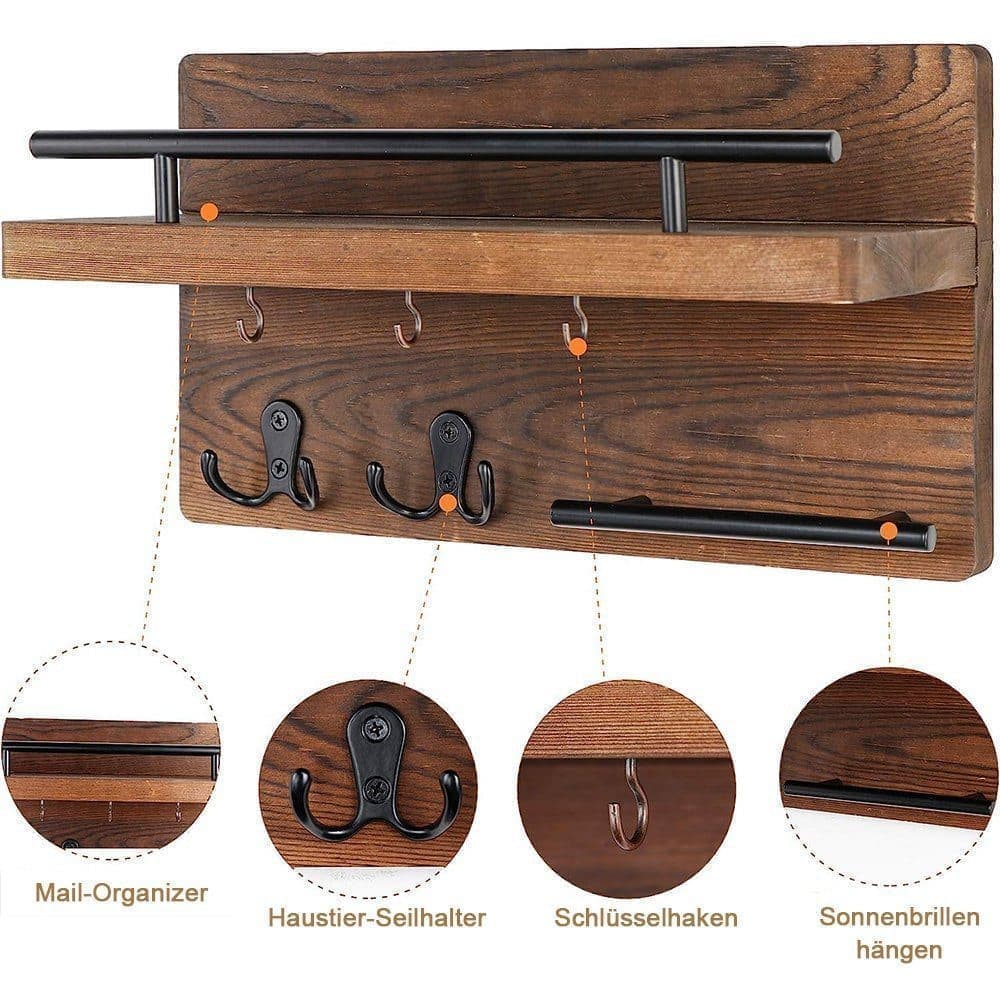7-Hook Wall Mounted Wooden Key Holder with Storage Tray, 30 cm, for Hallway Corridor Bedroom & Office - Image 4