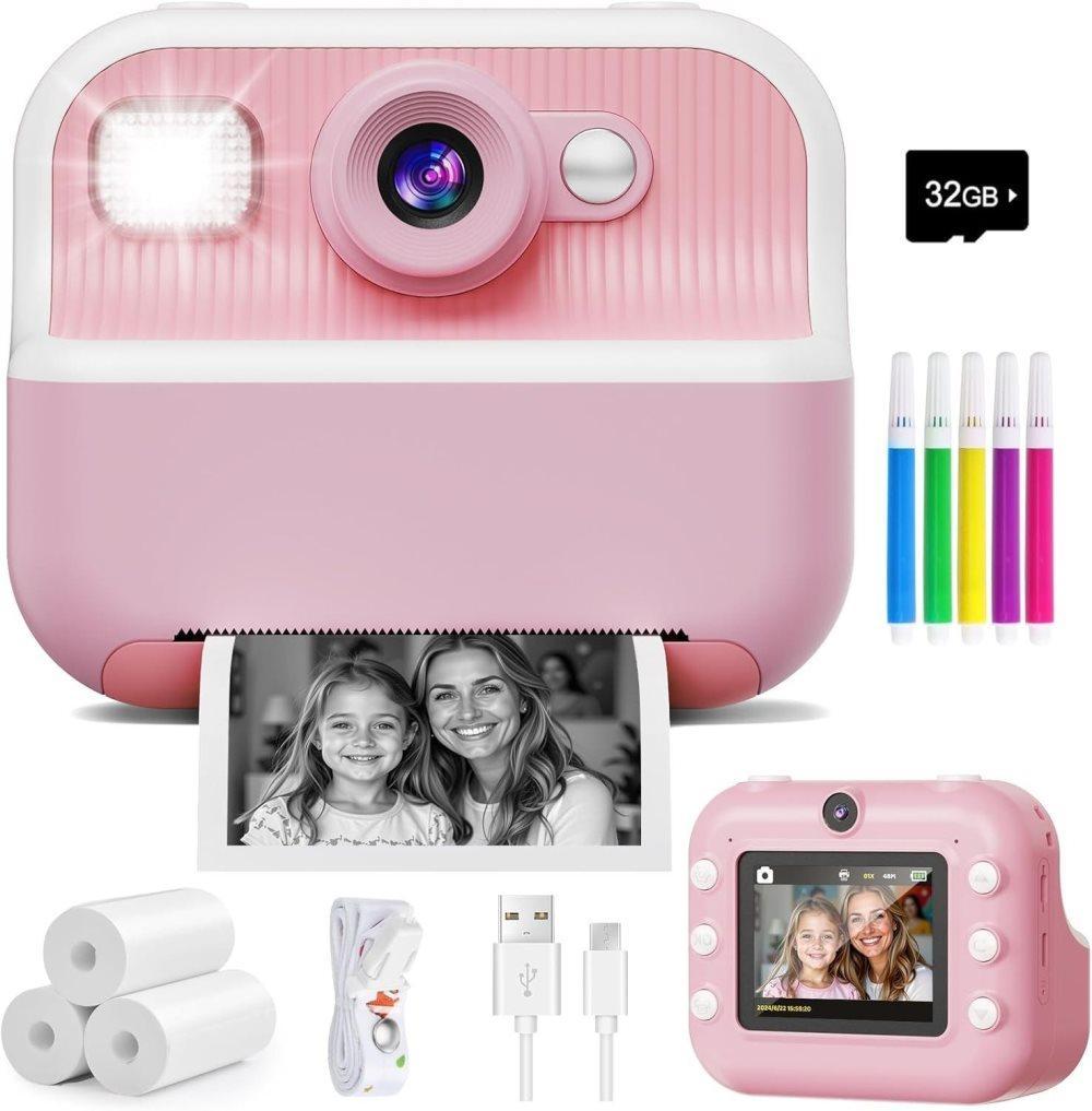 1 Children's Digital Camera with Instant Printing 1080P HD 2.4-inch Screen, Pink, Includes Paper and 32GB Card for Ages 3-12 - Image 1