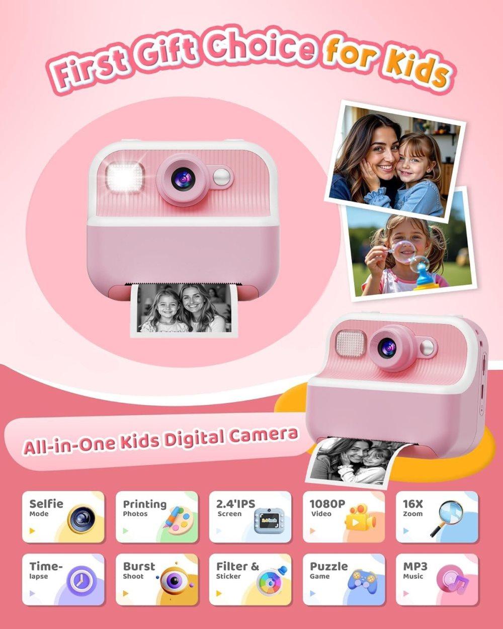 1 Children's Digital Camera with Instant Printing 1080P HD 2.4-inch Screen, Pink, Includes Paper and 32GB Card for Ages 3-12 - Image 2