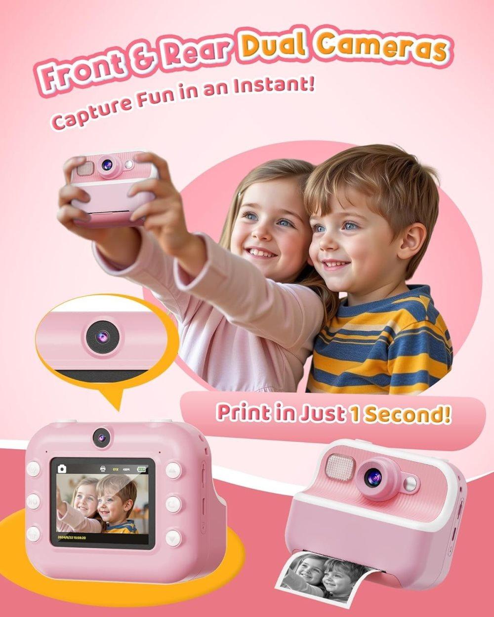 1 Children's Digital Camera with Instant Printing 1080P HD 2.4-inch Screen, Pink, Includes Paper and 32GB Card for Ages 3-12 - Image 3