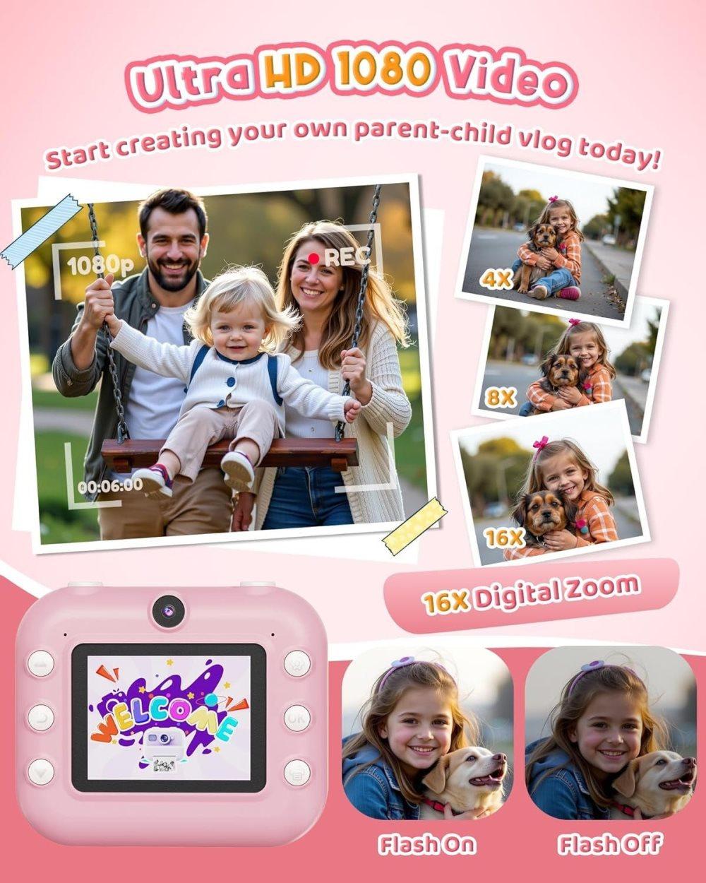 1 Children's Digital Camera with Instant Printing 1080P HD 2.4-inch Screen, Pink, Includes Paper and 32GB Card for Ages 3-12 - Image 4