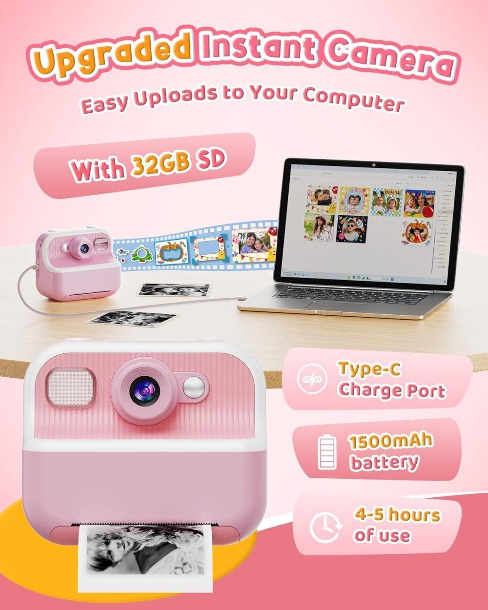 1 Children's Digital Camera with Instant Printing 1080P HD 2.4-inch Screen, Pink, Includes Paper and 32GB Card for Ages 3-12 - Image 6