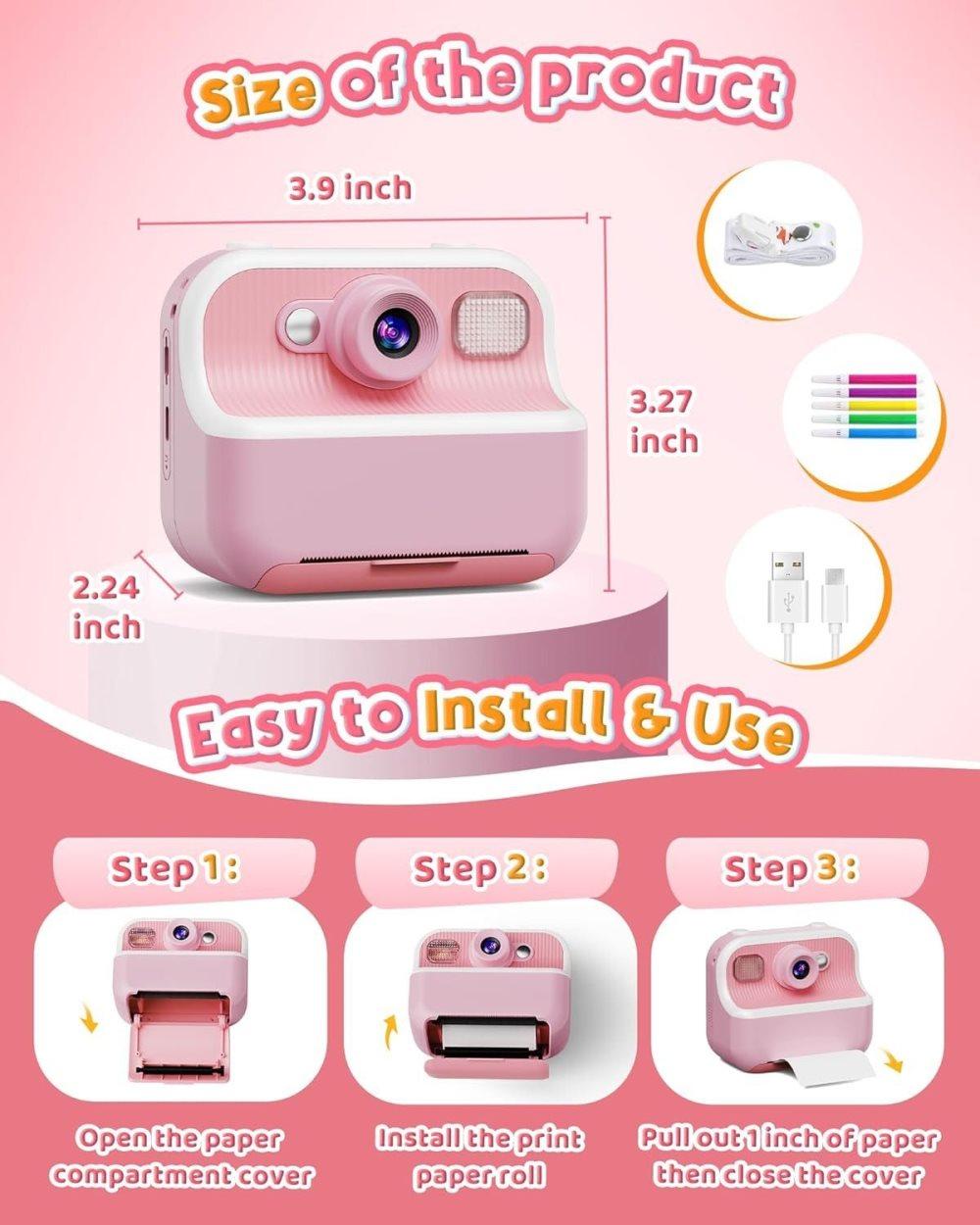 1 Children's Digital Camera with Instant Printing 1080P HD 2.4-inch Screen, Pink, Includes Paper and 32GB Card for Ages 3-12 - Image 7