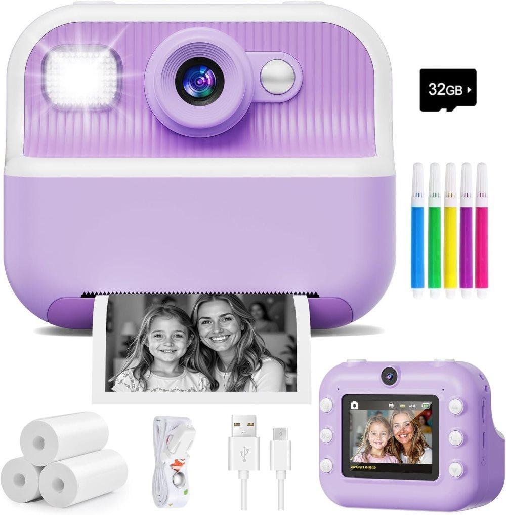 32GB Kids Digital Camera with 1080P HD and Instant Printing, 2.4-Inch Screen, Includes Paper, for Ages 3-12, Purple - Image 1