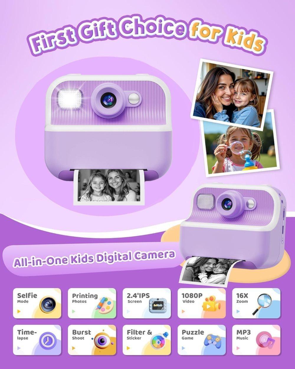 32GB Kids Digital Camera with 1080P HD and Instant Printing, 2.4-Inch Screen, Includes Paper, for Ages 3-12, Purple - Image 2