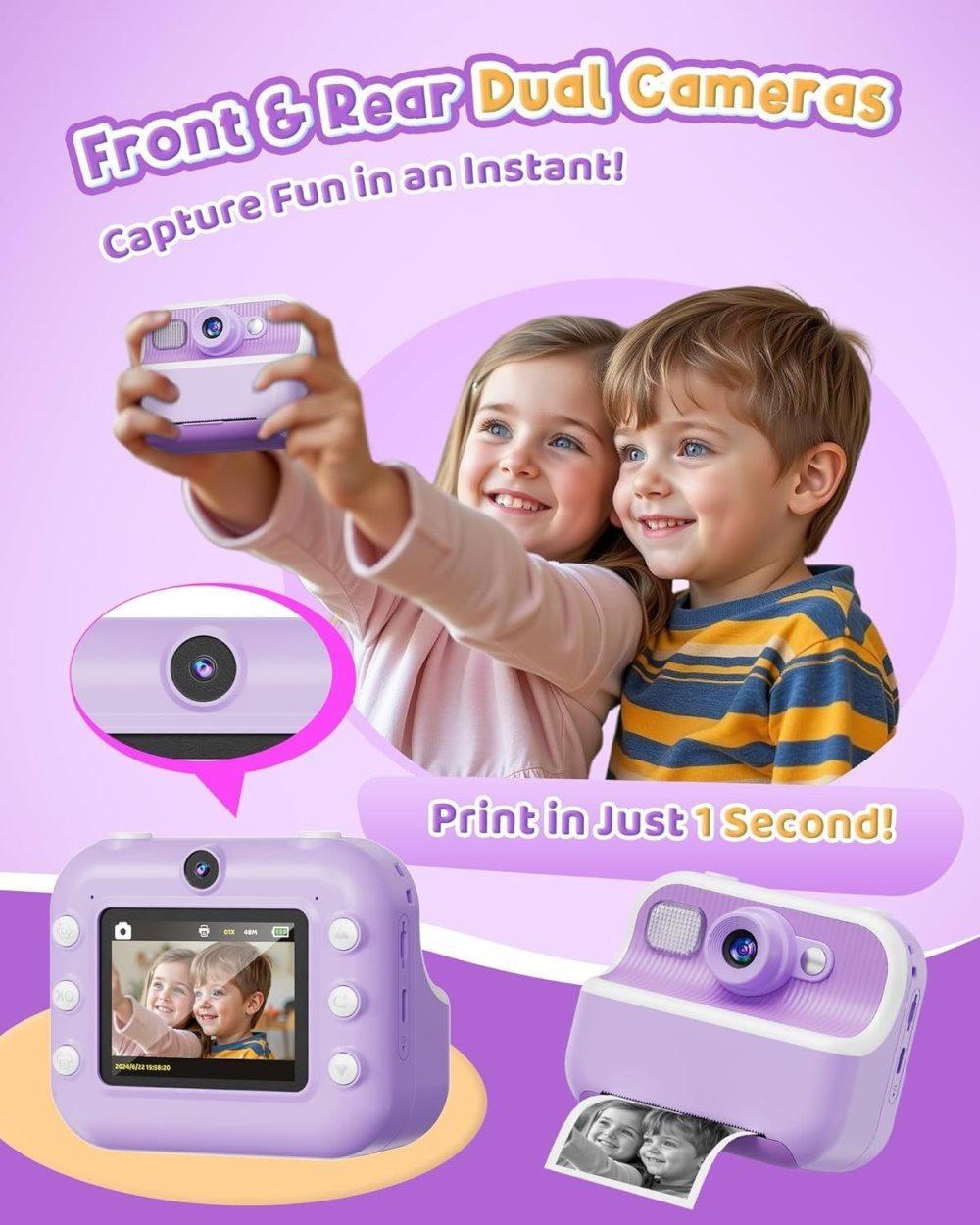 32GB Kids Digital Camera with 1080P HD and Instant Printing, 2.4-Inch Screen, Includes Paper, for Ages 3-12, Purple - Image 3