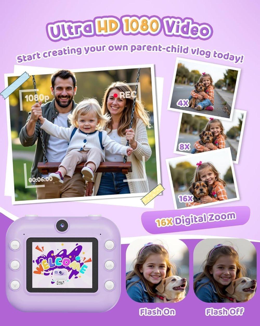 32GB Kids Digital Camera with 1080P HD and Instant Printing, 2.4-Inch Screen, Includes Paper, for Ages 3-12, Purple - Image 4