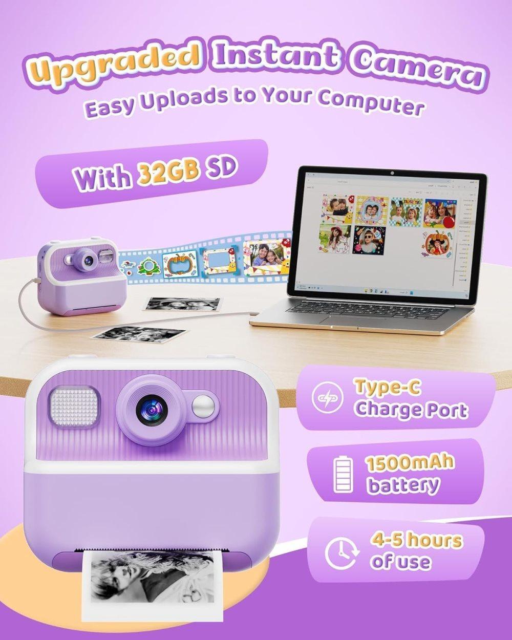 32GB Kids Digital Camera with 1080P HD and Instant Printing, 2.4-Inch Screen, Includes Paper, for Ages 3-12, Purple - Image 6