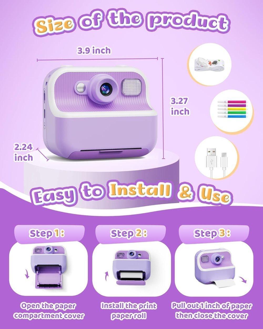 32GB Kids Digital Camera with 1080P HD and Instant Printing, 2.4-Inch Screen, Includes Paper, for Ages 3-12, Purple - Image 7