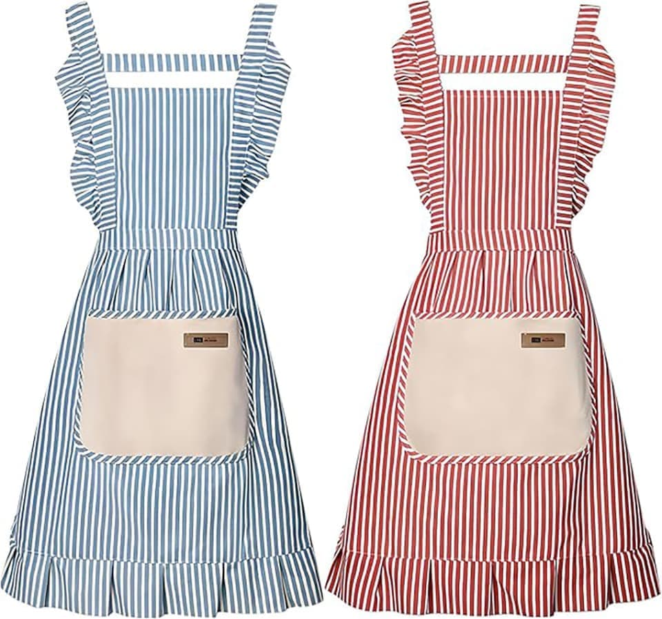 2-Pack Women's Cotton Linen Blend Kitchen Apron with Adjustable Straps and Lace Pocket, Pink - Image 1