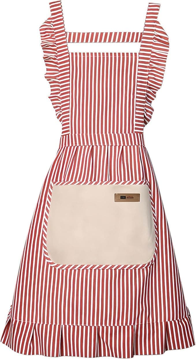 2-Pack Women's Cotton Linen Blend Kitchen Apron with Adjustable Straps and Lace Pocket, Pink - Image 4