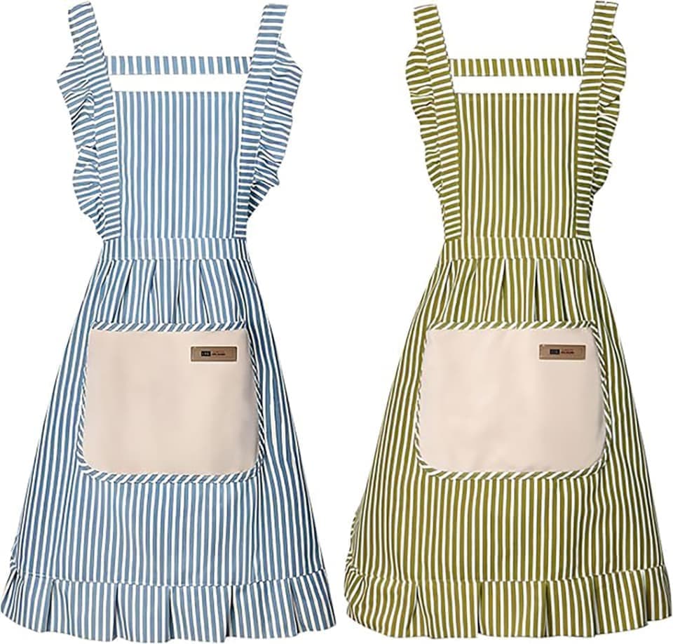 2-Pack Women's Kitchen Apron with Adjustable Straps, Cotton Linen Blend, Lace Pocket, Green - Image 1