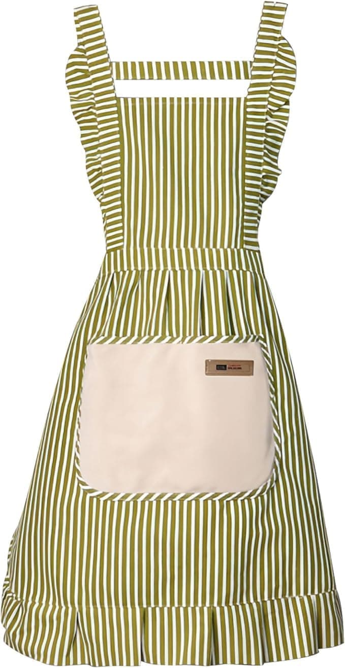 2-Pack Women's Kitchen Apron with Adjustable Straps, Cotton Linen Blend, Lace Pocket, Green - Image 2