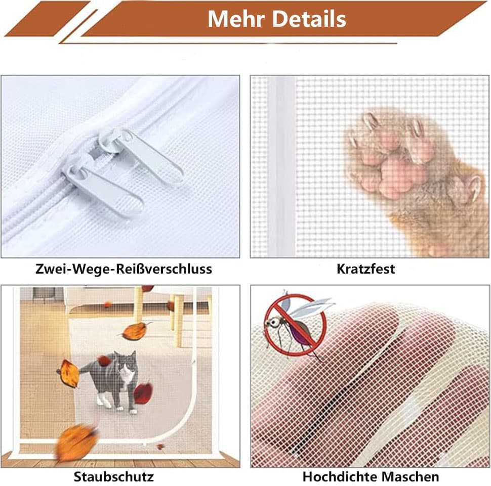 White Cat Repellent Zipper Door Curtain, 80x200cm, Durable Mesh Protects Against Cats and Pests, Easy to Install - Image 5