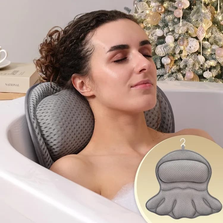 6 Suction Cups Bathtub Cushion with Ergonomic Neck and Back Support 4D Air Mesh, Gray - Image 1