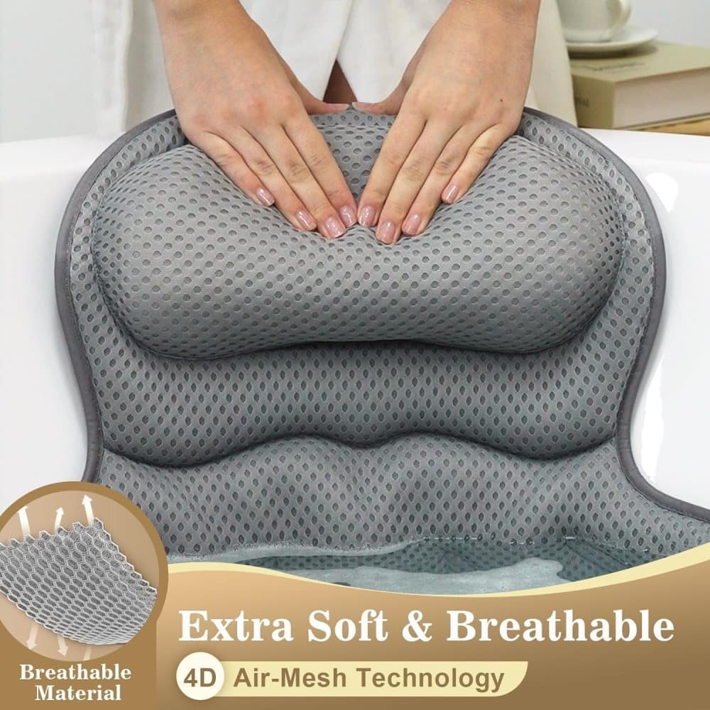 6 Suction Cups Bathtub Cushion with Ergonomic Neck and Back Support 4D Air Mesh, Gray - Image 2