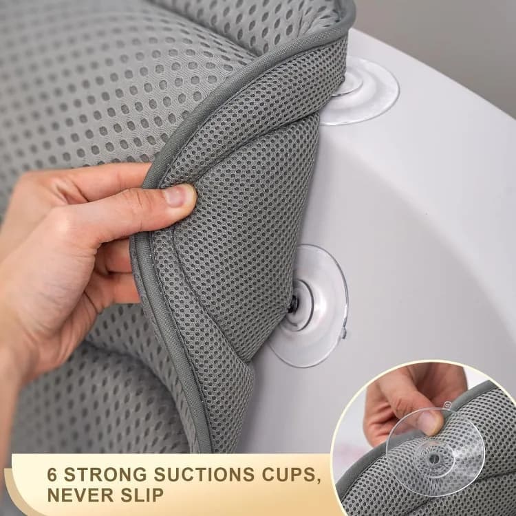 6 Suction Cups Bathtub Cushion with Ergonomic Neck and Back Support 4D Air Mesh, Gray - Image 3