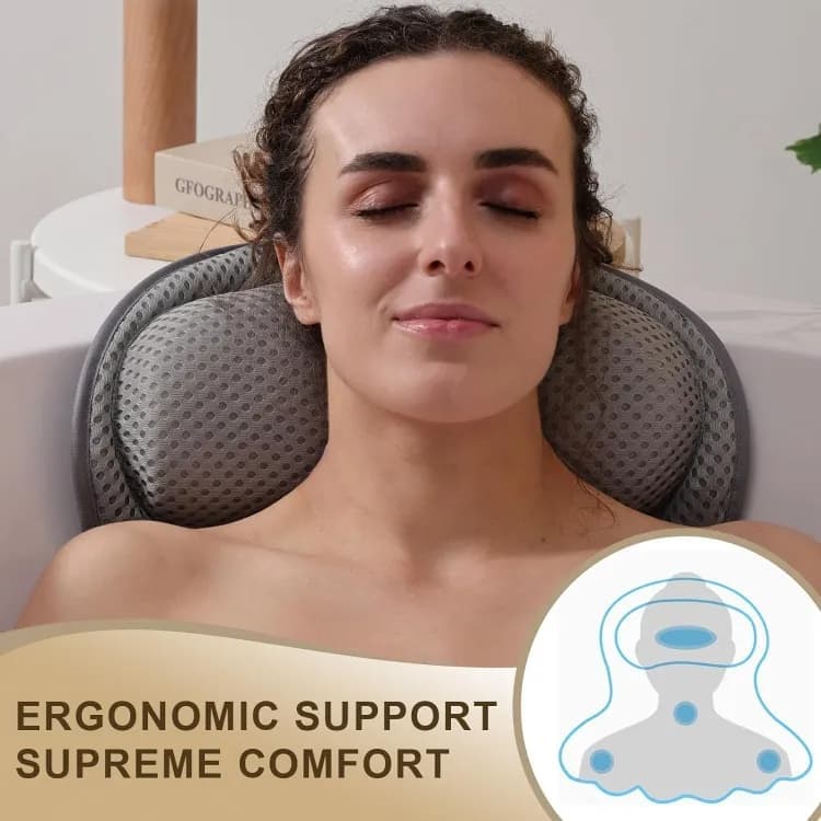 6 Suction Cups Bathtub Cushion with Ergonomic Neck and Back Support 4D Air Mesh, Gray - Image 4