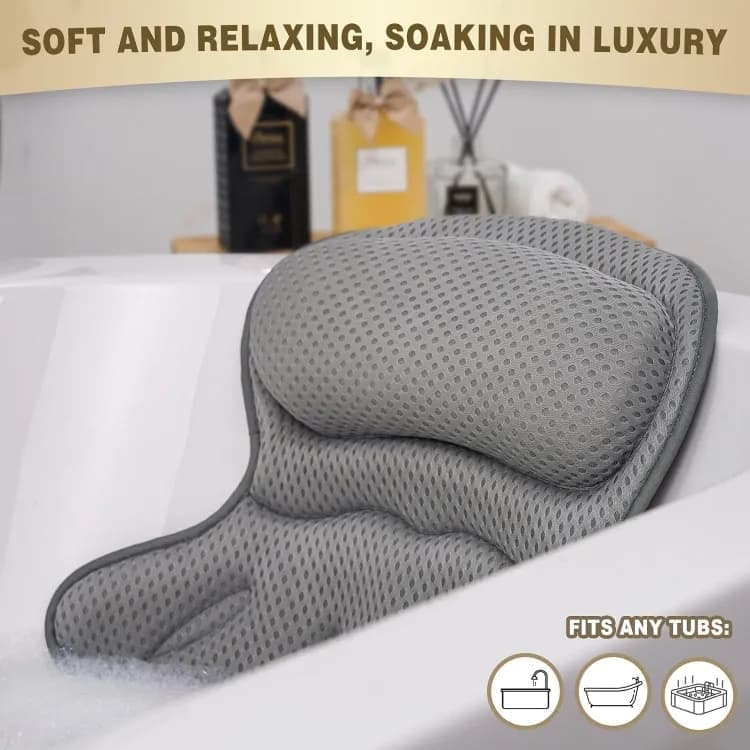 6 Suction Cups Bathtub Cushion with Ergonomic Neck and Back Support 4D Air Mesh, Gray - Image 5