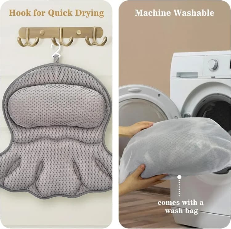 6 Suction Cups Bathtub Cushion with Ergonomic Neck and Back Support 4D Air Mesh, Gray - Image 6