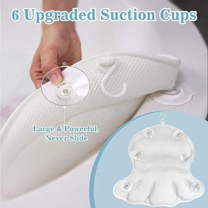 6 Suction Cups Bathtub Cushion with Ergonomic Neck and Back Support 4D Air Mesh, White - Image 4