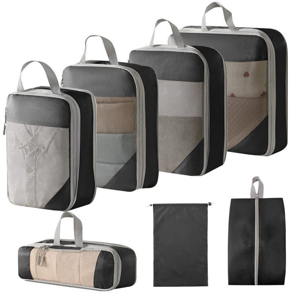 7-Piece Compression Bags for Suitcase & Backpack, Black, Lightweight Travel Packing Organizers - Image 1