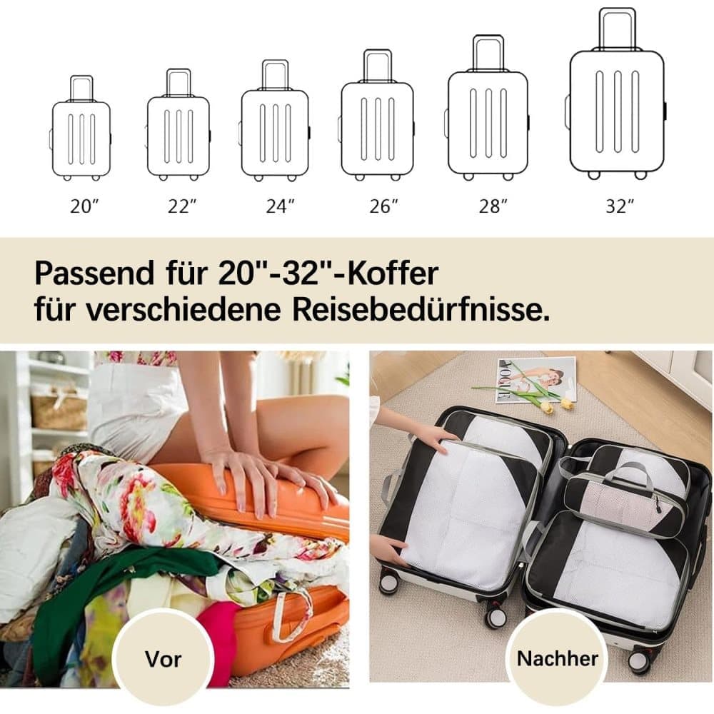 7-Piece Compression Bags for Suitcase & Backpack, Black, Lightweight Travel Packing Organizers - Image 2