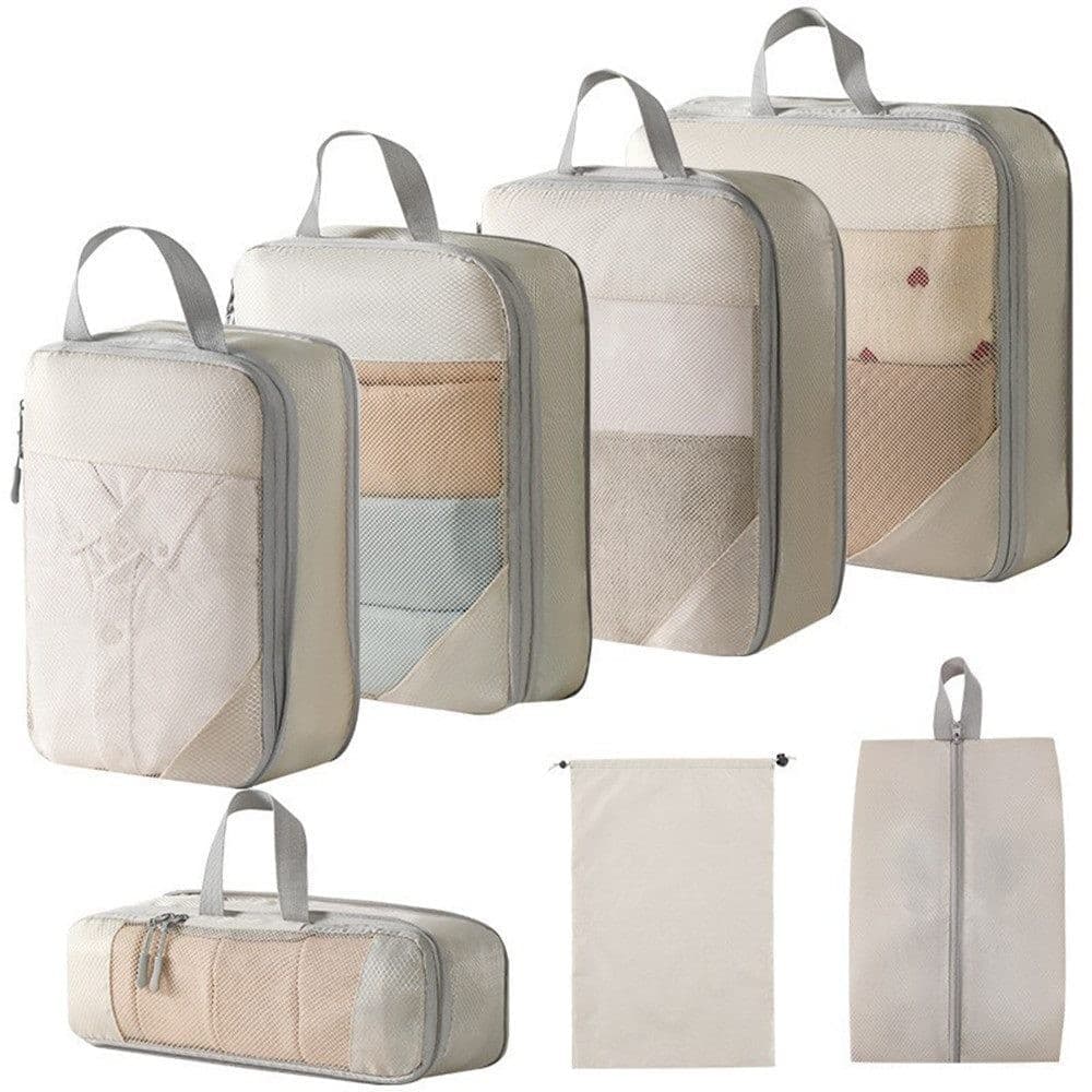 7-Piece Lightweight Travel Compression Bags for Suitcase & Backpack, Beige - Image 1