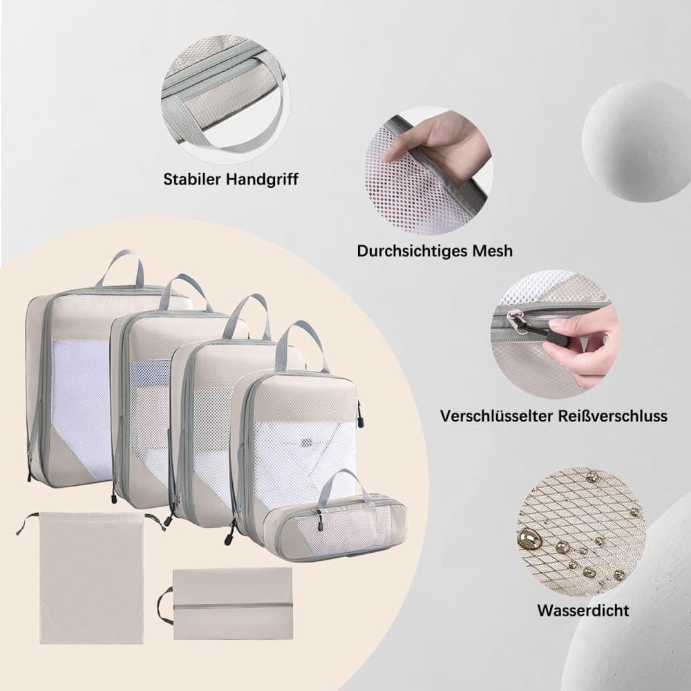 7-Piece Lightweight Travel Compression Bags for Suitcase & Backpack, Beige - Image 2