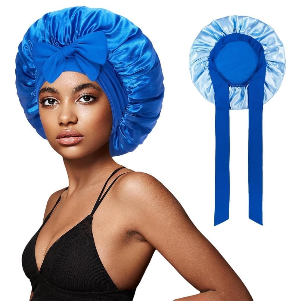 Silky Satin Sleeping Cap for Women and Girls, Double Layered Hair Protection, Adjustable Fit, Blue - Image 1