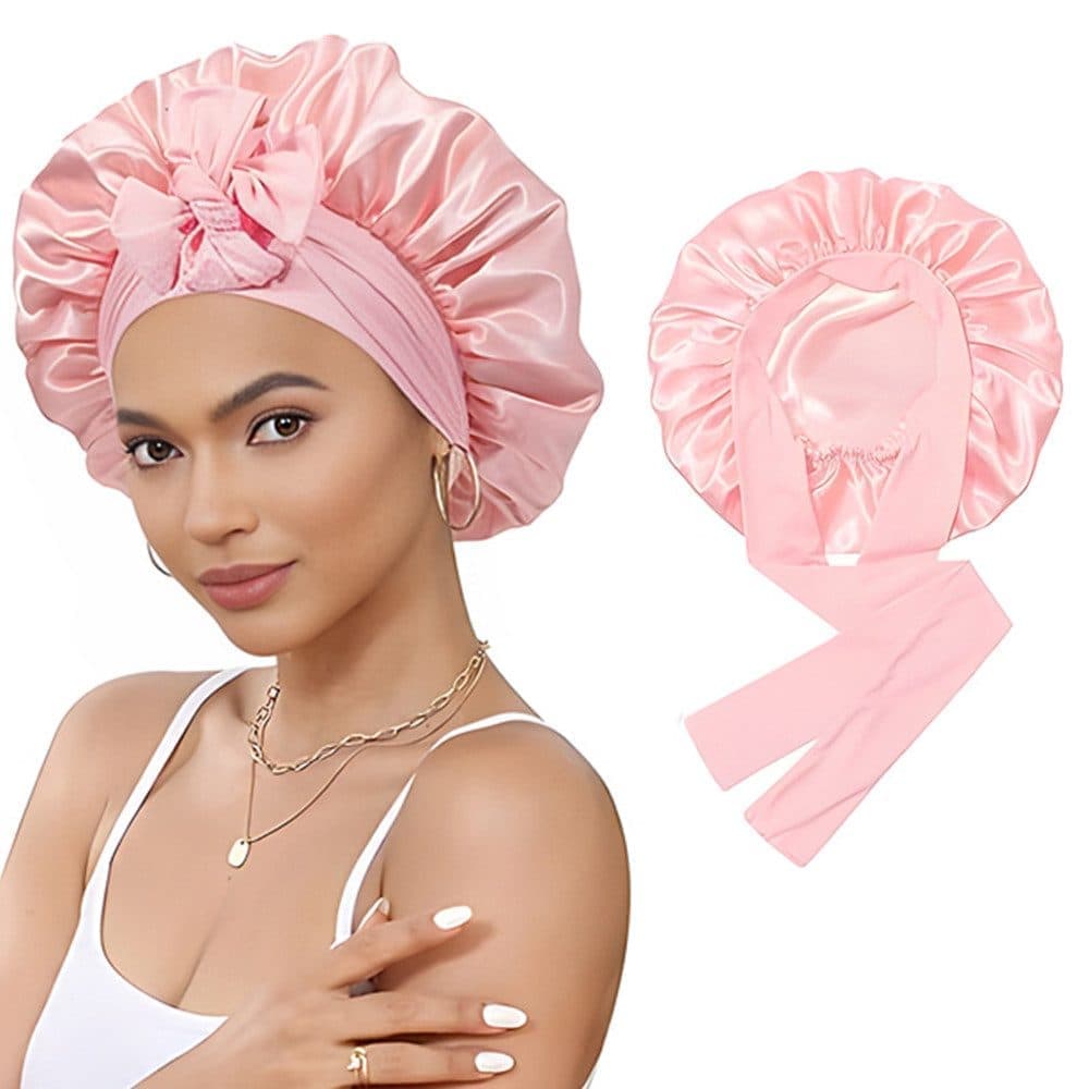 Silky Satin Sleeping Cap for Women and Girls, Pink, Double Layered Hair Protection Cap with Adjustable Fit - Image 1