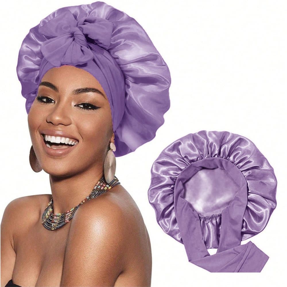 Silky Satin Sleeping Cap for Women and Girls, Double Layered Hair Protection, Adjustable Fit, Purple - Image 1