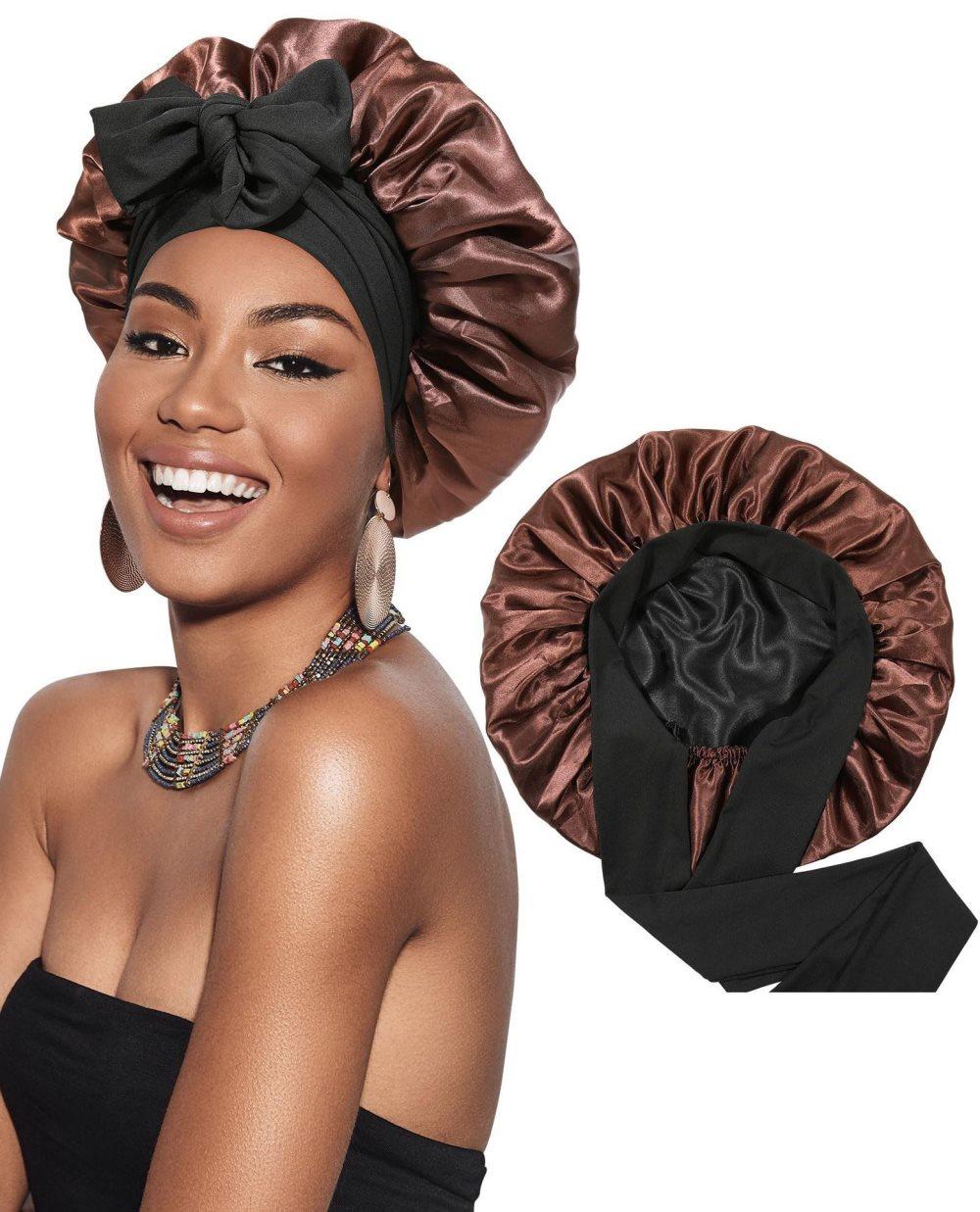 Silky Satin Sleeping Cap for Women and Girls, Double Layer Hair Protection, Adjustable Fit, Coffee - Image 1