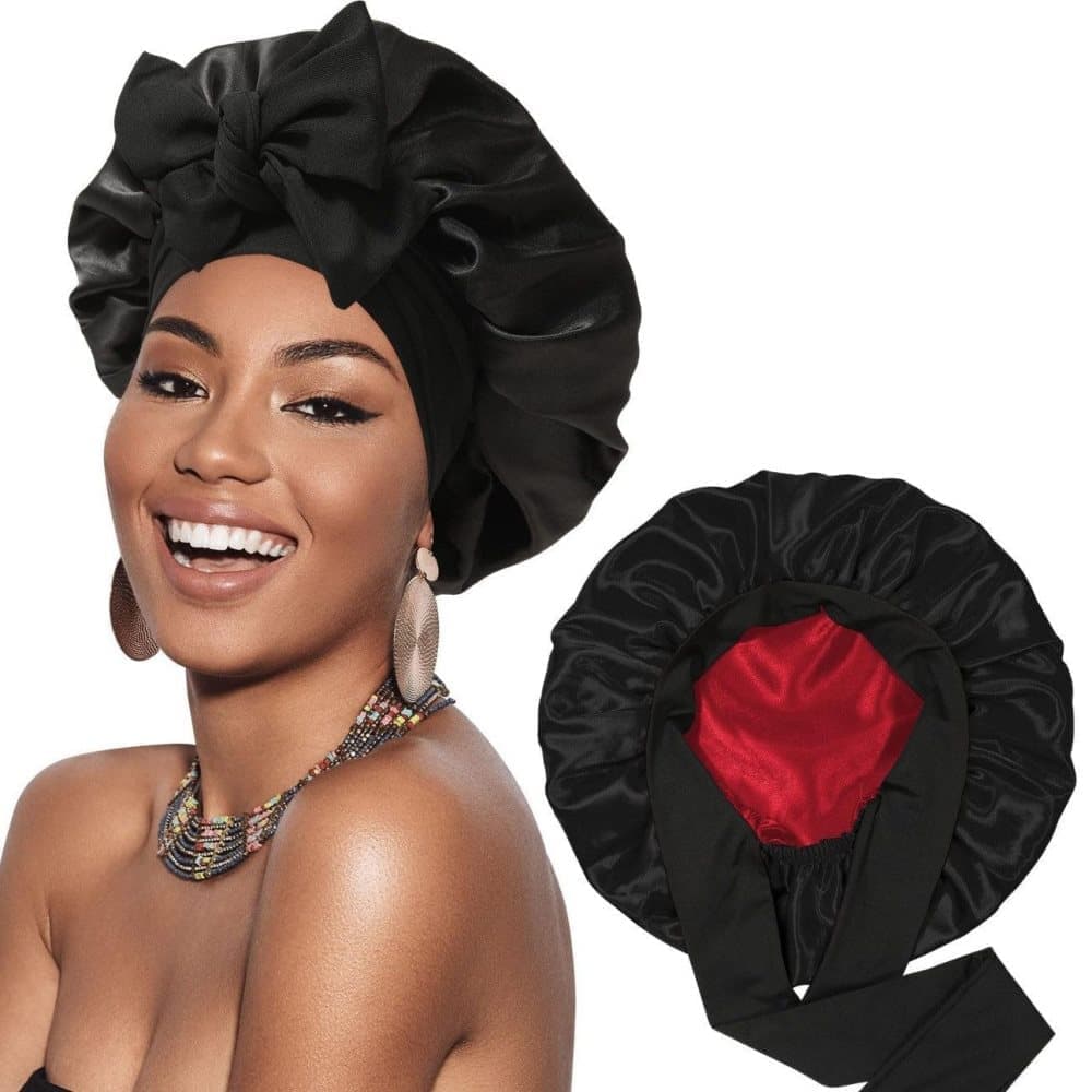 Silky Satin Sleeping Cap for Women and Girls, Double Layered Hair Protection Cap with Adjustable Fit, Black - Image 1