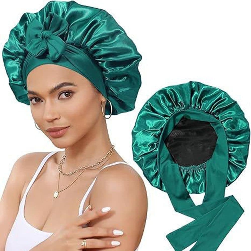 Silky Satin Sleeping Cap for Women and Girls, Double Layered Hair Protection, Adjustable Fit, Dark Green - Image 1