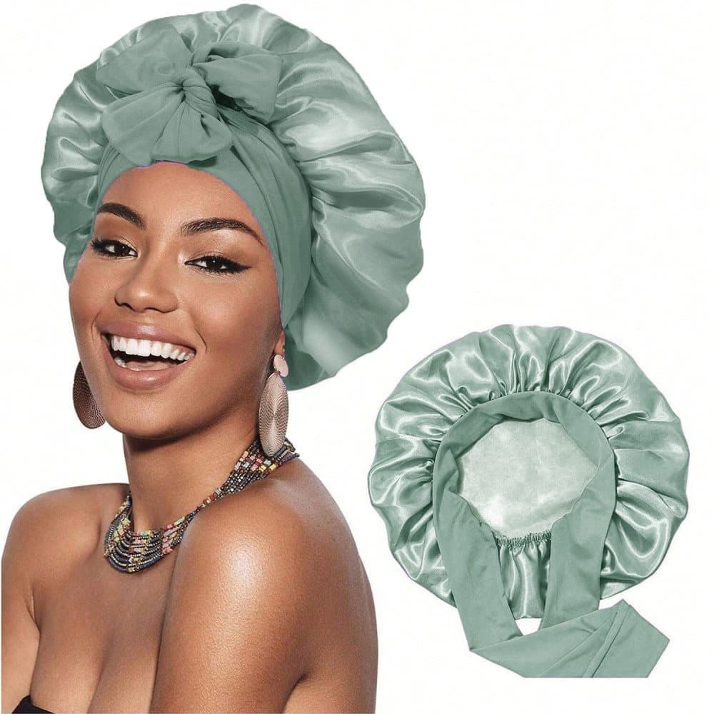 Silky Satin Sleeping Cap for Women and Girls, Double Layer Hair Protection, Adjustable Fit, Light Green - Image 1